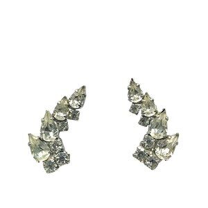 Vintage Clear Crystal Ear Climber Earrings, Silver Tone Screw Back, Elegant